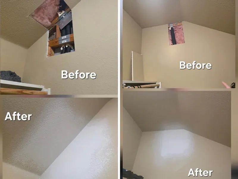 Drywall access panel patch, texture and paint repair before and after — Wylie, TX | Collin County Handyman Company