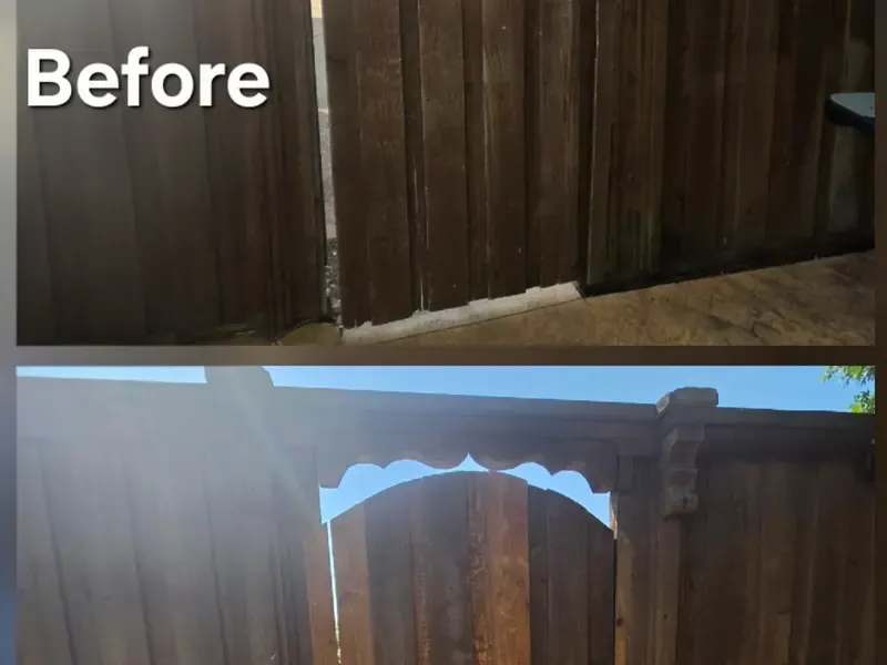 Fence gate repair and re-staining before and after — Murphy, TX | Collin County Handyman Company